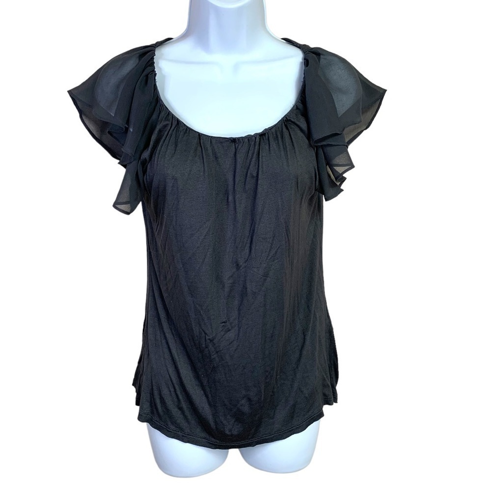 Small Slate Grey Blouse Flutter Short Sleeve Stretch 4 6 Retro Scoop Neck